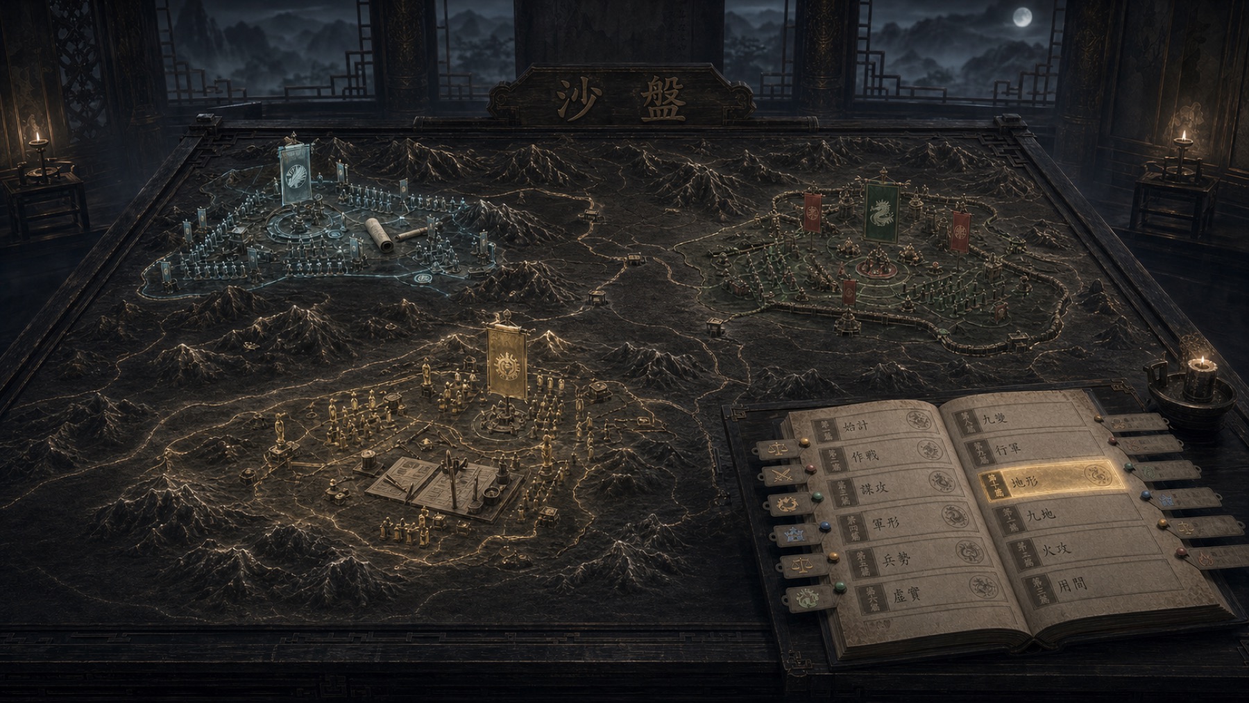 A dark strategy table with evidence arranged as territories, routes and an open field manual